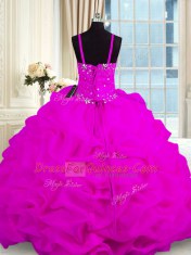 Ideal Fuchsia Ball Gowns Beading and Pick Ups Quinceanera Gown Lace Up Organza Sleeveless Floor Length