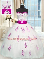Fancy Floor Length White Quinceanera Gowns Tulle Sleeveless Appliques and Belt