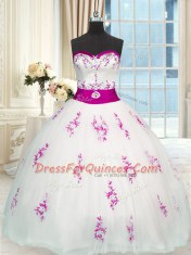 Fancy Floor Length White Quinceanera Gowns Tulle Sleeveless Appliques and Belt