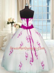 Fancy Floor Length White Quinceanera Gowns Tulle Sleeveless Appliques and Belt