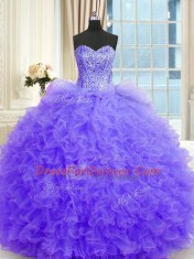 Noble Lavender Lace Up 15th Birthday Dress Beading and Ruffles Sleeveless Floor Length