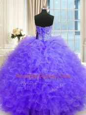 Noble Lavender Lace Up 15th Birthday Dress Beading and Ruffles Sleeveless Floor Length