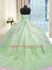 Sleeveless Court Train Beading and Appliques Lace Up 15th Birthday Dress