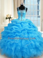 Baby Blue Zipper Straps Beading Quinceanera Gowns Organza Sleeveless