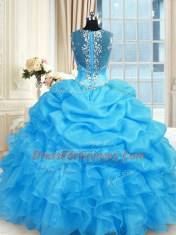 Baby Blue Zipper Straps Beading Quinceanera Gowns Organza Sleeveless