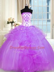 Purple Ball Gowns Tulle Strapless Sleeveless Pick Ups and Hand Made Flower Floor Length Lace Up Sweet 16 Quinceanera Dress