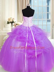 Purple Ball Gowns Tulle Strapless Sleeveless Pick Ups and Hand Made Flower Floor Length Lace Up Sweet 16 Quinceanera Dress