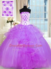 Purple Ball Gowns Tulle Strapless Sleeveless Pick Ups and Hand Made Flower Floor Length Lace Up Sweet 16 Quinceanera Dress