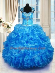 Organza Cap Sleeves Floor Length Sweet 16 Dresses and Beading and Ruffles