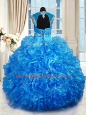 Organza Cap Sleeves Floor Length Sweet 16 Dresses and Beading and Ruffles