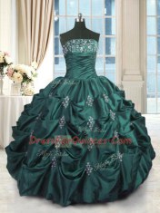 Sleeveless Floor Length Beading and Appliques and Embroidery and Pick Ups Lace Up Sweet 16 Dress with Peacock Green
