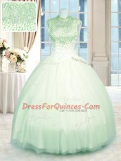 Beauteous Apple Green Tulle Zipper High-neck Sleeveless Floor Length Ball Gown Prom Dress Beading
