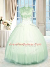 Beauteous Apple Green Tulle Zipper High-neck Sleeveless Floor Length Ball Gown Prom Dress Beading