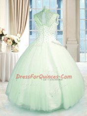 Beauteous Apple Green Tulle Zipper High-neck Sleeveless Floor Length Ball Gown Prom Dress Beading
