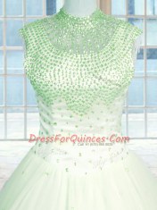 Beauteous Apple Green Tulle Zipper High-neck Sleeveless Floor Length Ball Gown Prom Dress Beading