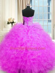 Popular Three Piece Strapless Sleeveless Lace Up 15 Quinceanera Dress Lilac Tulle