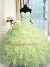 Spectacular Sleeveless Floor Length Beading and Ruffles Lace Up Sweet 16 Dresses with Yellow Green