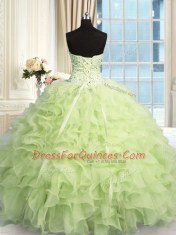 Spectacular Sleeveless Floor Length Beading and Ruffles Lace Up Sweet 16 Dresses with Yellow Green