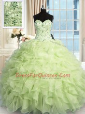 Spectacular Sleeveless Floor Length Beading and Ruffles Lace Up Sweet 16 Dresses with Yellow Green
