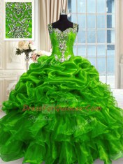 Green Organza Lace Up Ball Gown Prom Dress Sleeveless Floor Length Beading and Ruffles and Pick Ups
