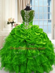 Green Organza Lace Up Ball Gown Prom Dress Sleeveless Floor Length Beading and Ruffles and Pick Ups