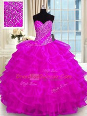 Floor Length Lace Up Quinceanera Dress Fuchsia for Military Ball and Sweet 16 and Quinceanera with Beading and Ruffled Layers