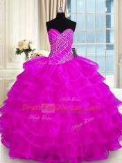 Floor Length Lace Up Quinceanera Dress Fuchsia for Military Ball and Sweet 16 and Quinceanera with Beading and Ruffled Layers