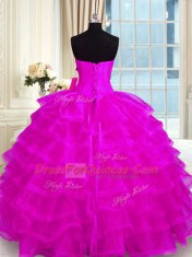 Floor Length Lace Up Quinceanera Dress Fuchsia for Military Ball and Sweet 16 and Quinceanera with Beading and Ruffled Layers