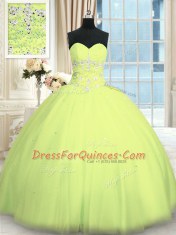 Pretty Yellow Green Ball Gowns Sweetheart Sleeveless Tulle Floor Length Lace Up Appliques Quinceanera Dresses