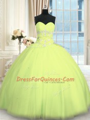 Pretty Yellow Green Ball Gowns Sweetheart Sleeveless Tulle Floor Length Lace Up Appliques Quinceanera Dresses