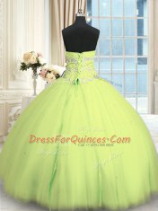 Pretty Yellow Green Ball Gowns Sweetheart Sleeveless Tulle Floor Length Lace Up Appliques Quinceanera Dresses