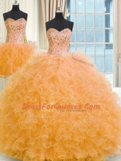 Pretty Three Piece Tulle Sleeveless Floor Length Sweet 16 Dresses and Beading and Ruffles