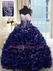 Organza Sweetheart Sleeveless Brush Train Lace Up Beading and Ruffles Quince Ball Gowns in Navy Blue
