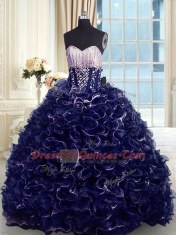 Organza Sweetheart Sleeveless Brush Train Lace Up Beading and Ruffles Quince Ball Gowns in Navy Blue