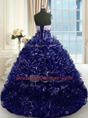 Organza Sweetheart Sleeveless Brush Train Lace Up Beading and Ruffles Quince Ball Gowns in Navy Blue