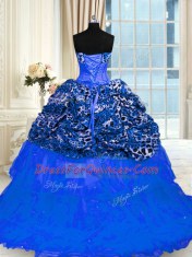 Sequins Blue Sleeveless Organza and Printed Lace Up Sweet 16 Dress for Military Ball and Sweet 16 and Quinceanera