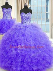 Three Piece Lavender Ball Gowns Tulle Strapless Sleeveless Beading and Ruffles Floor Length Lace Up 15th Birthday Dress