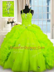 Amazing Pick Ups Ball Gowns Vestidos de Quinceanera Yellow Green Spaghetti Straps Organza Sleeveless Floor Length Lace Up