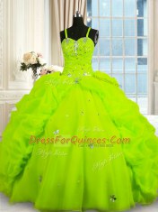 Amazing Pick Ups Ball Gowns Vestidos de Quinceanera Yellow Green Spaghetti Straps Organza Sleeveless Floor Length Lace Up
