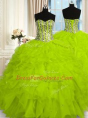 Sleeveless Organza Floor Length Lace Up Quinceanera Gowns in Yellow Green with Beading and Ruffles