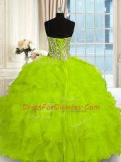 Sleeveless Organza Floor Length Lace Up Quinceanera Gowns in Yellow Green with Beading and Ruffles