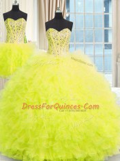 Three Piece Floor Length Ball Gowns Sleeveless Yellow Sweet 16 Dress Lace Up