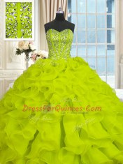 Sleeveless Organza With Brush Train Lace Up Sweet 16 Quinceanera Dress in Yellow Green with Beading and Ruffles