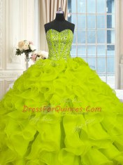 Sleeveless Organza With Brush Train Lace Up Sweet 16 Quinceanera Dress in Yellow Green with Beading and Ruffles