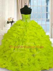 Sleeveless Organza With Brush Train Lace Up Sweet 16 Quinceanera Dress in Yellow Green with Beading and Ruffles