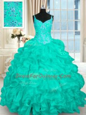 Lace Up 15 Quinceanera Dress Turquoise for Military Ball and Sweet 16 and Quinceanera with Beading and Ruffles Brush Train