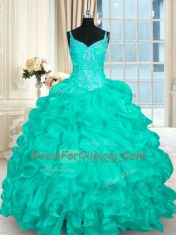 Lace Up 15 Quinceanera Dress Turquoise for Military Ball and Sweet 16 and Quinceanera with Beading and Ruffles Brush Train