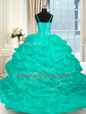 Lace Up 15 Quinceanera Dress Turquoise for Military Ball and Sweet 16 and Quinceanera with Beading and Ruffles Brush Train