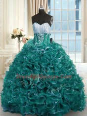 Hot Selling Brush Train Ball Gowns Sweet 16 Quinceanera Dress Turquoise Sweetheart Organza Sleeveless With Train Lace Up