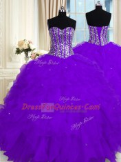 Eggplant Purple Quinceanera Dresses Military Ball and Sweet 16 and Quinceanera and For with Beading and Ruffles Sweetheart Sleeveless Lace Up